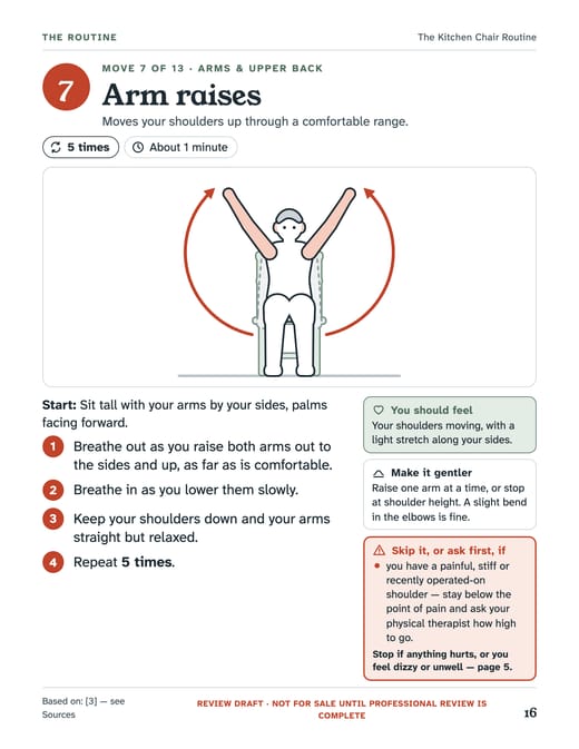 Page from the guide: A movement card. Arm raises.