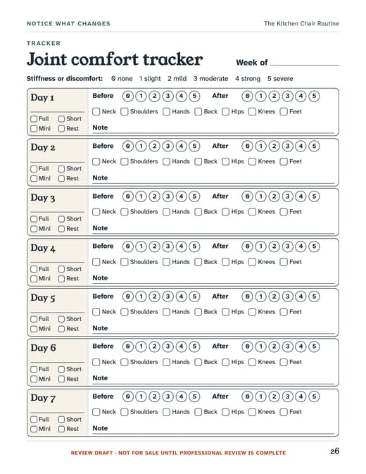 Page from the guide: Joint comfort tracker. Before and after, 0 to 5.